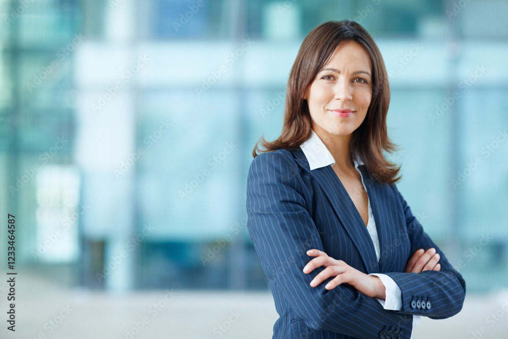 Portrait, business and woman for pride in office of corporate leadership, about us and experience. Smile, female person and arms crossed of finance ambition, investment funding and opportunity growth Portrait, business and woman for pride in office of corporate leadership, about us and experience. Smile, female person and arms crossed of finance ambition, investment funding and opportunity growth