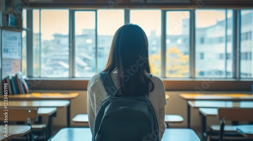 Girl Looking Out Classroom Window, Daydreaming