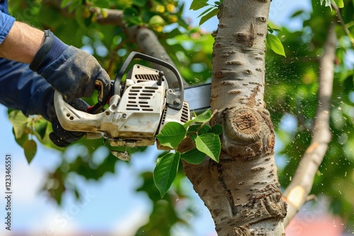 A person using a chainsaw to trim a tree branch in a bright outdoor setting, surrounded by lush green leaves.