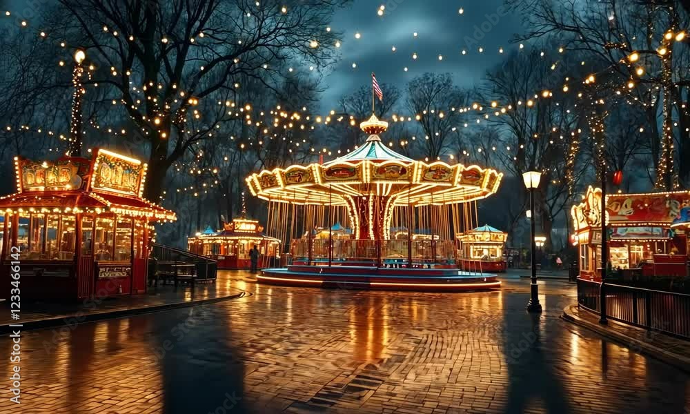 Amusement park with carousel and other rides with beautiful lights at night video footage