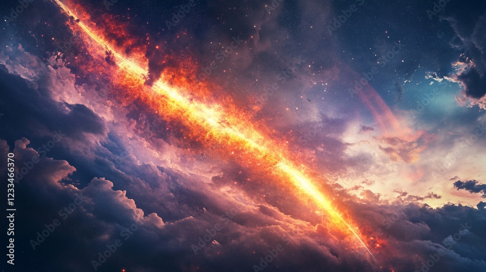 Obraz premium A fiery light streaks across a cloudy cosmic expanse with a nebula and scattered stars