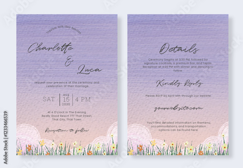 Set of Watercolor purple sky with floral field landscape  wedding invitation template