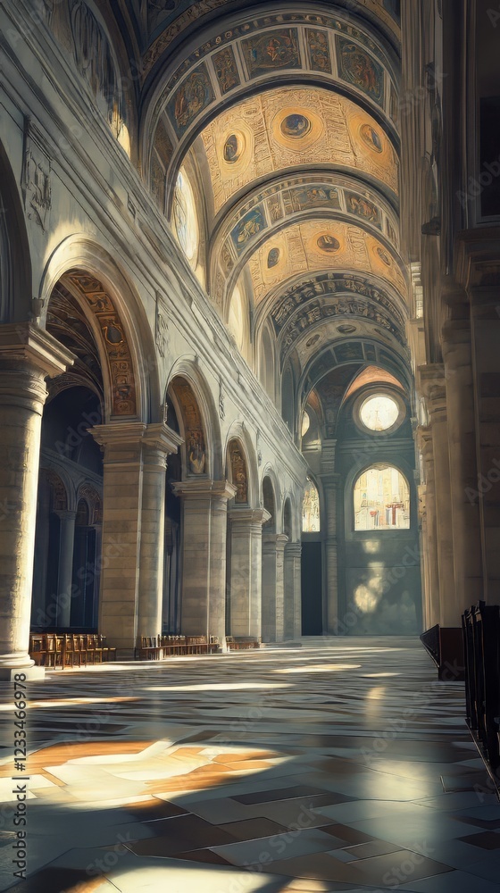 Fototapeta premium Sunlit grandeur of a cathedral nave