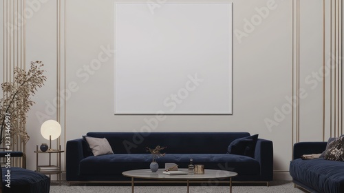 Neutral tones and soft lighting in a living room with a white frame and navy sofa.