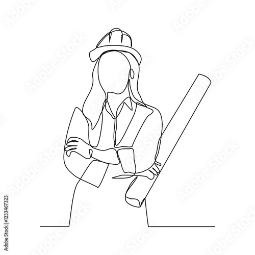Continuous single line sketch drawing of female woman engineer architect conctrucstor building holding blue print roll paper professional occupation work one line vector illustration