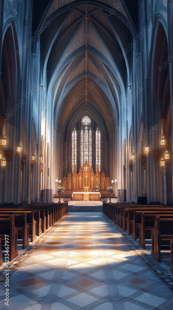 Fototapeta premium Sunlit cathedral nave and altar