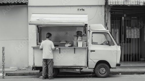 Man ordering food from a street vendor's truck in a quiet urban neighborhood during the day photo