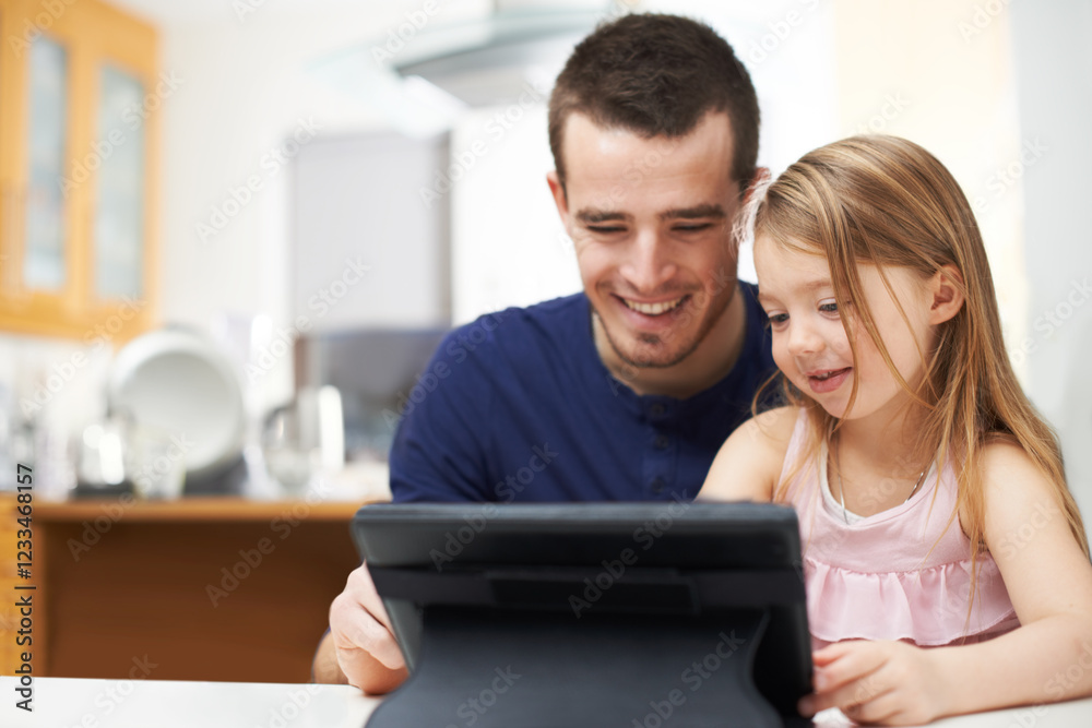 Home, father and child with tablet for movie, educational video and streaming service for cartoon. House, dad and girl with smile for digital subscription, ebook or application game for entertainment Home, father and child with tablet for movie, educational video and streaming service for cartoon. House, dad and girl with smile for digital subscription, ebook or application game for entertainment