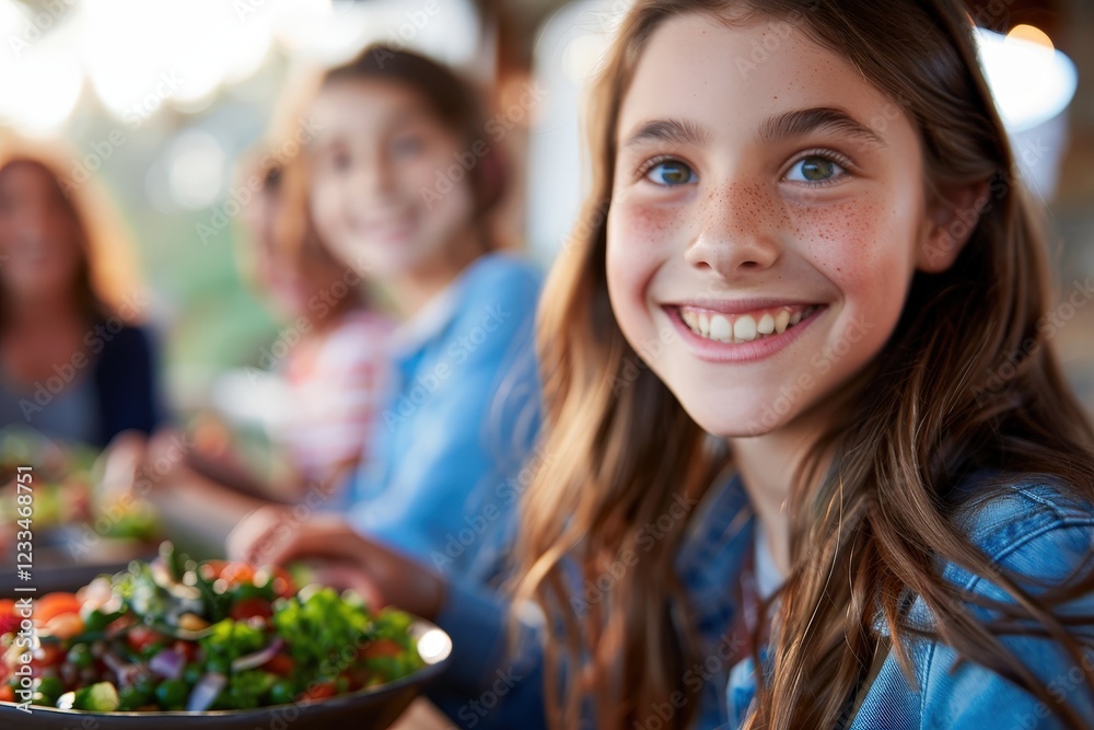 A happy young girl enjoys a meal with friends outdoors, showcasing a vibrant salad and a joyful atmosphere. A happy young girl enjoys a meal with friends outdoors, showcasing a vibrant salad and a joyful atmosphere.