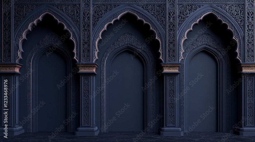 Obraz premium Ornate arches, Islamic architecture, dark interior, 3D render, design