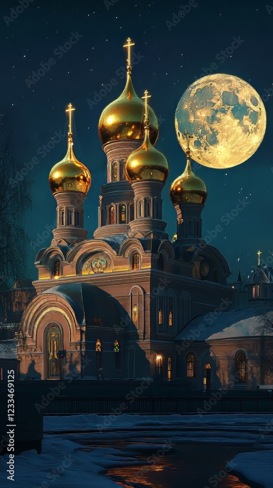 Obraz premium Golden church under a full moon