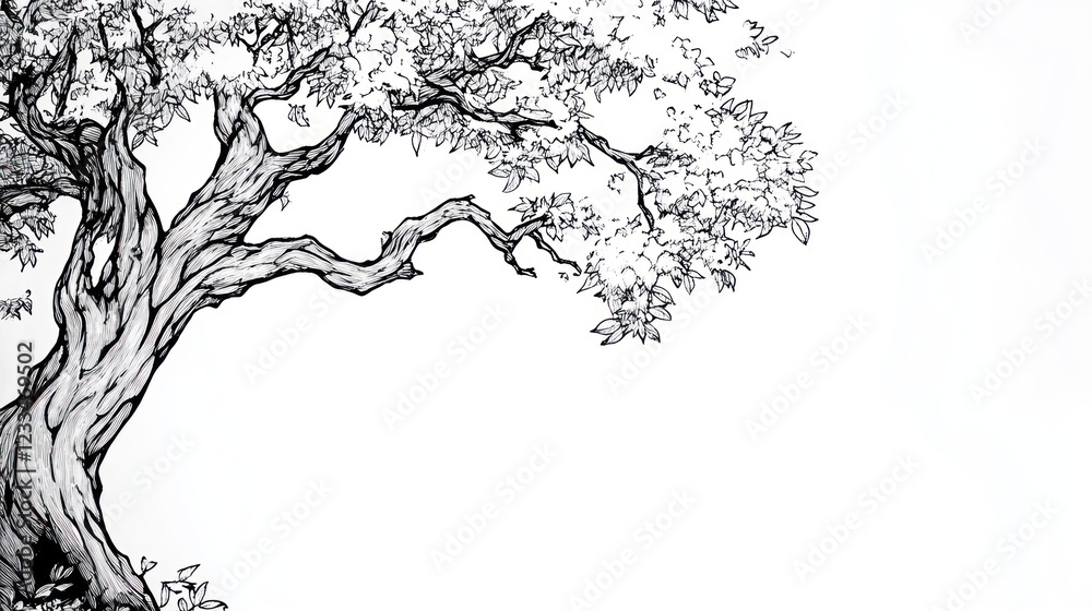 Ink drawing of ancient tree, nature, white background, peaceful scene, design element Ink drawing of ancient tree, nature, white background, peaceful scene, design element