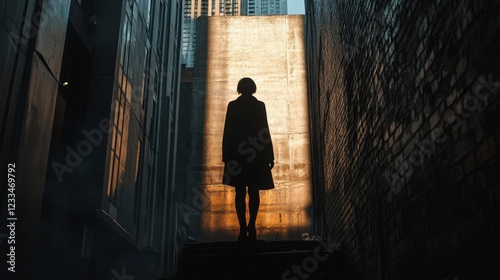 Solitary Figure in a City Alleyway Bathed in Golden Light
