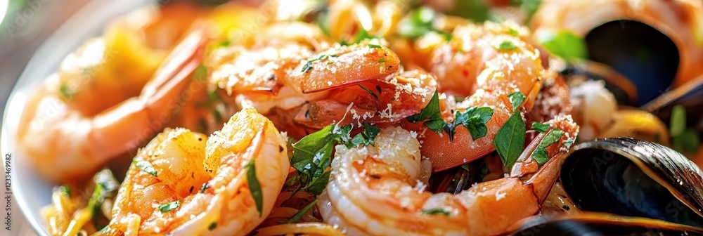 Italian seafood pasta, spaghetti with mussels and shrimp, creamy white wine sauce, garnished with parsley, rustic ceramic plate, restaurant presentation, close-up food photography, moody lighting, ric Italian seafood pasta, spaghetti with mussels and shrimp, creamy white wine sauce, garnished with parsley, rustic ceramic plate, restaurant presentation, close-up food photography, moody lighting, ric
