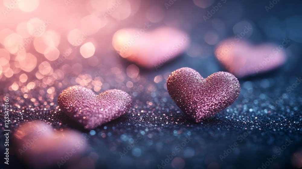 Obraz premium Glittering Pink Hearts on Sparkling Background