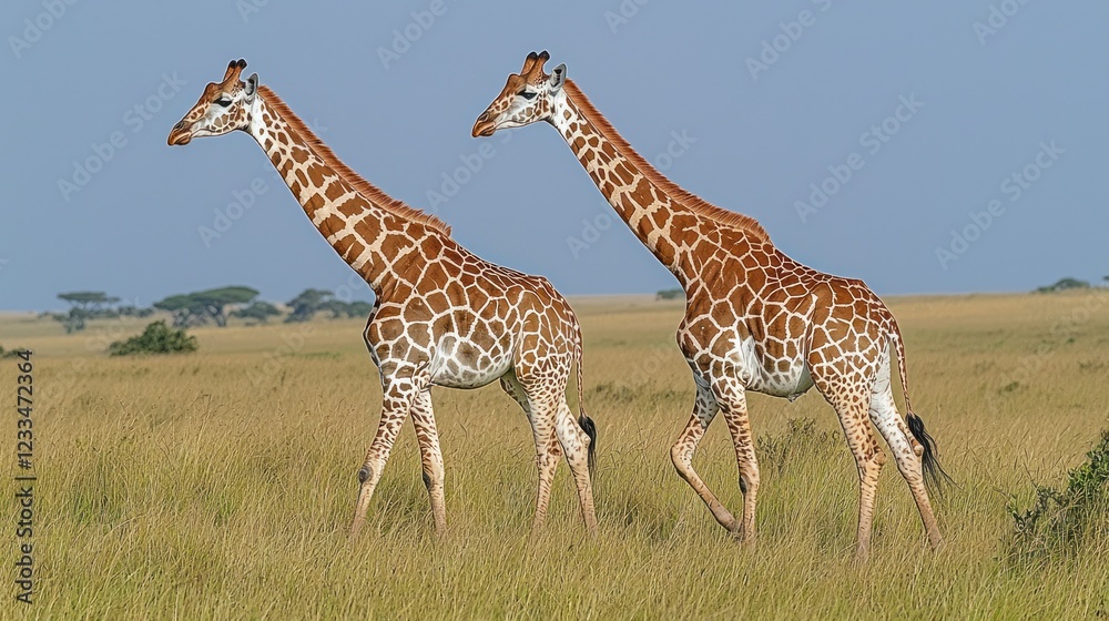 Fototapeta premium Two giraffes walking in savanna with trees in background