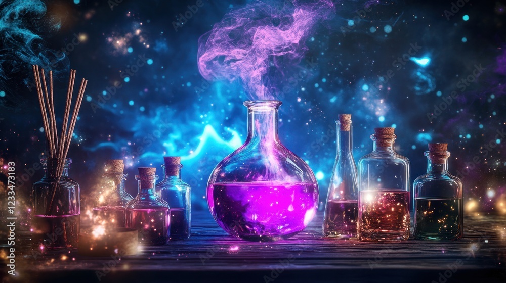 Mystical potions simmering in glass bottles and vials Mystical potions simmering in glass bottles and vials