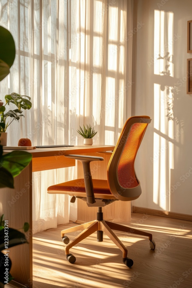 Fototapeta premium Sunlit Office Space With Orange Chair And Wooden Desk