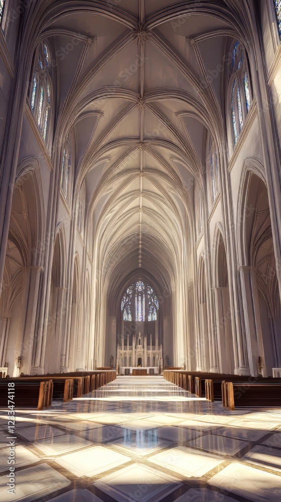 Fototapeta premium Sunlit cathedral nave, serene and grand.