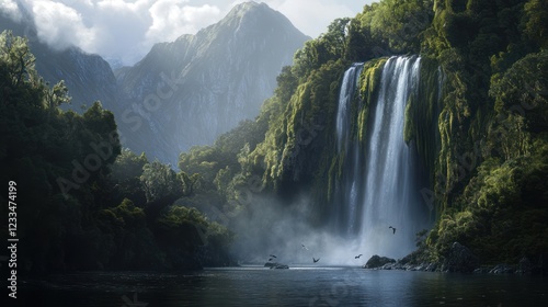 Majestic waterfall cascading down lush green mountains; birds flying, calm river below; nature backdrop