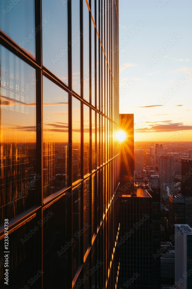 Obraz premium Sunset Glows on Modern City Skyscraper Windows