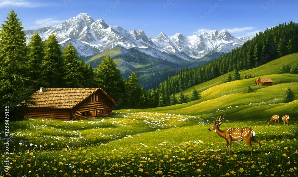 Fototapeta premium Deer graze in Alpine meadow near wooden cabins, majestic mountains in background; idyllic nature scene for calendars or travel brochures