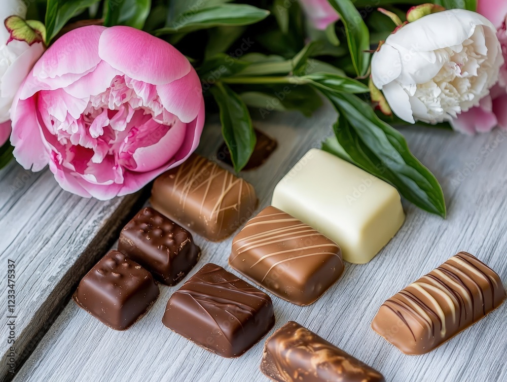 Assorted Chocolates with Fresh Peonies on Rustic Wooden Surface for Sweet Treat and Floral Decoration Concept Assorted Chocolates with Fresh Peonies on Rustic Wooden Surface for Sweet Treat and Floral Decoration Concept