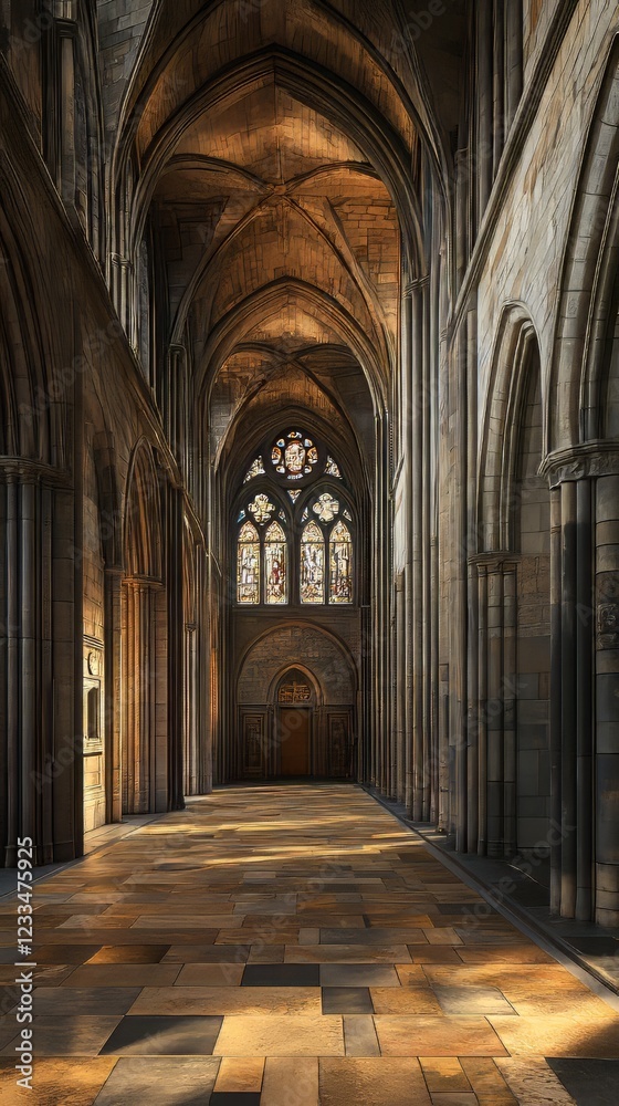 Sunlit cathedral aisle and stained glass Sunlit cathedral aisle and stained glass
