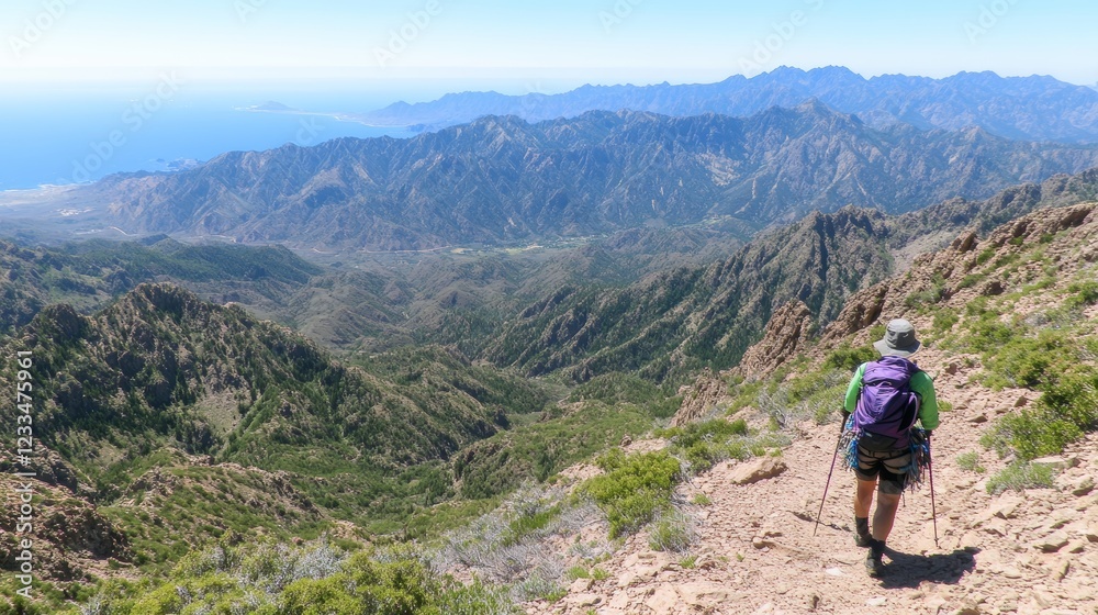 Hiker Ascending Mountain Ridge Panoramic Ocean View Hiker Ascending Mountain Ridge Panoramic Ocean View