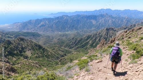 Hiker Ascending Mountain Ridge Panoramic Ocean View
