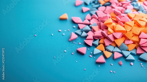 Mosaic of triangular chips on blue background artistic display studio environment close-up view creative concept