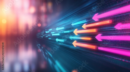 Dynamic neon arrows representing speed and motion in a futuristic city digital environment close-up view