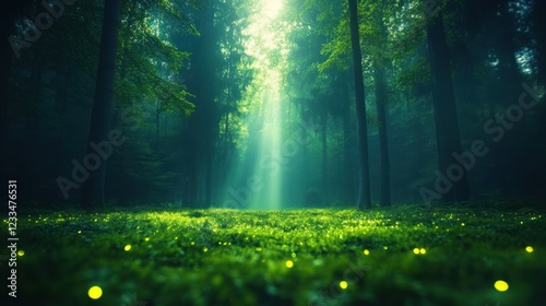 Mysterious forest illumination enchanted woodland nature ethereal environment captivating perspective serenity concept