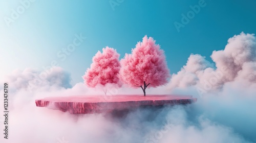 Floating cherry blossom trees in a dreamlike sky nature ethereal landscape aerial view serenity