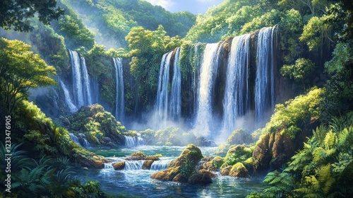 Lush Waterfall in Tropical Forest, Sunlit Scene, Calm River, Nature Background, Travel Poster