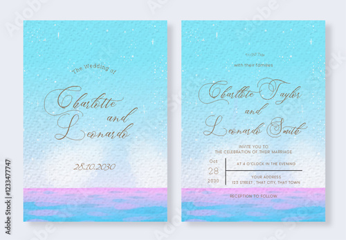 Set of Watercolor blue sky with Nature floral field landscape wedding invitation template