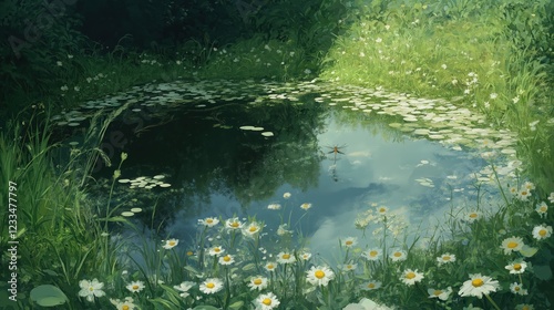 Tranquil Pond Scene With White Daisies And Cloudy Sky Reflection