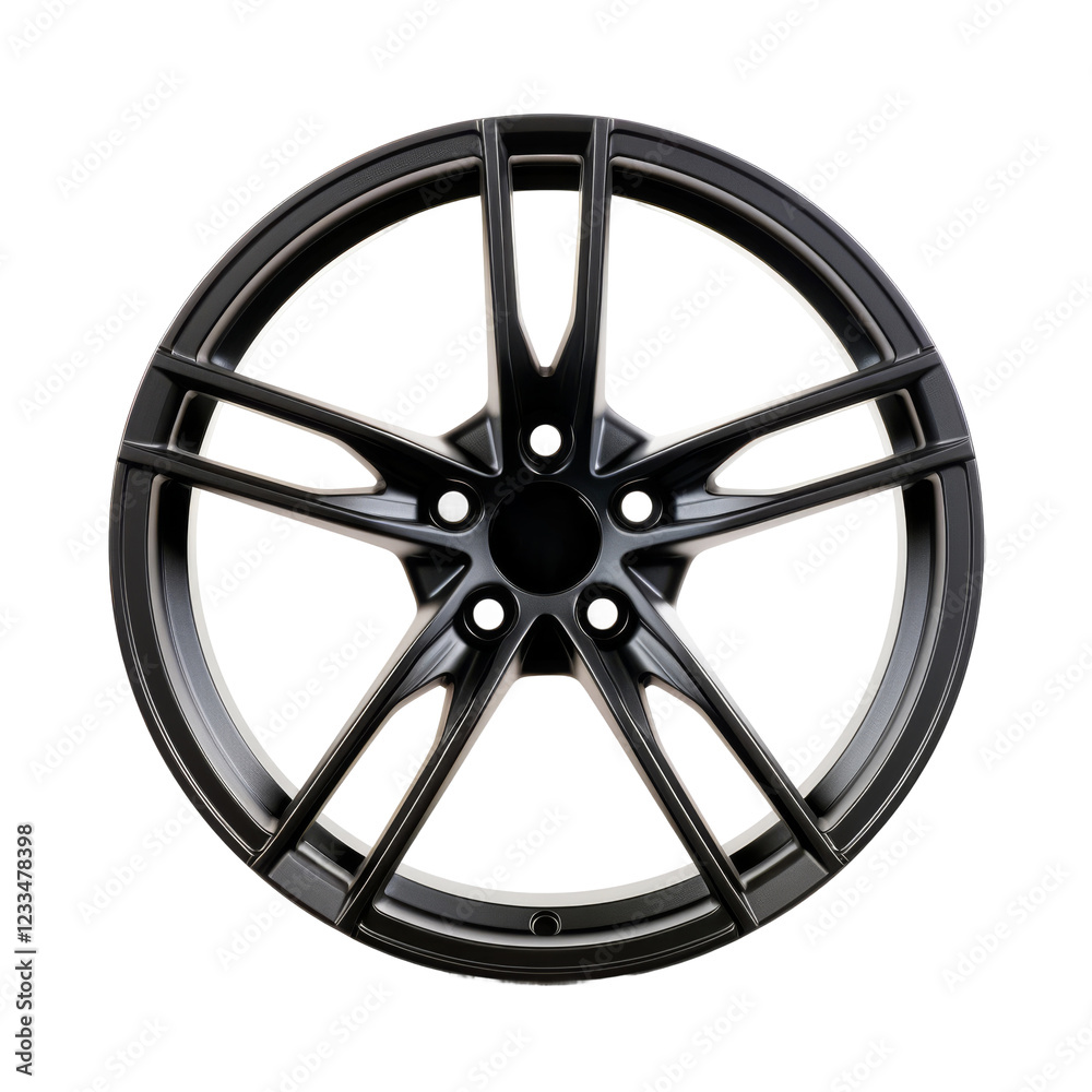 Sleek black alloy wheel on white environment automotive product showcase studio lighting Sleek black alloy wheel on white environment automotive product showcase studio lighting