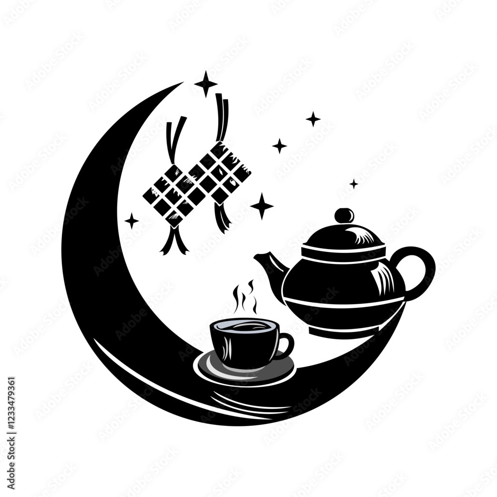 Ramadan Evening Tea Time silhouette
Ilustrasi siluet hitam putih yang menggambarkan suasana malam Ramadan dengan elemen bulan sabit, bintang-bintang, ketupat, teko teh, dan secangkir teh hangat yang m