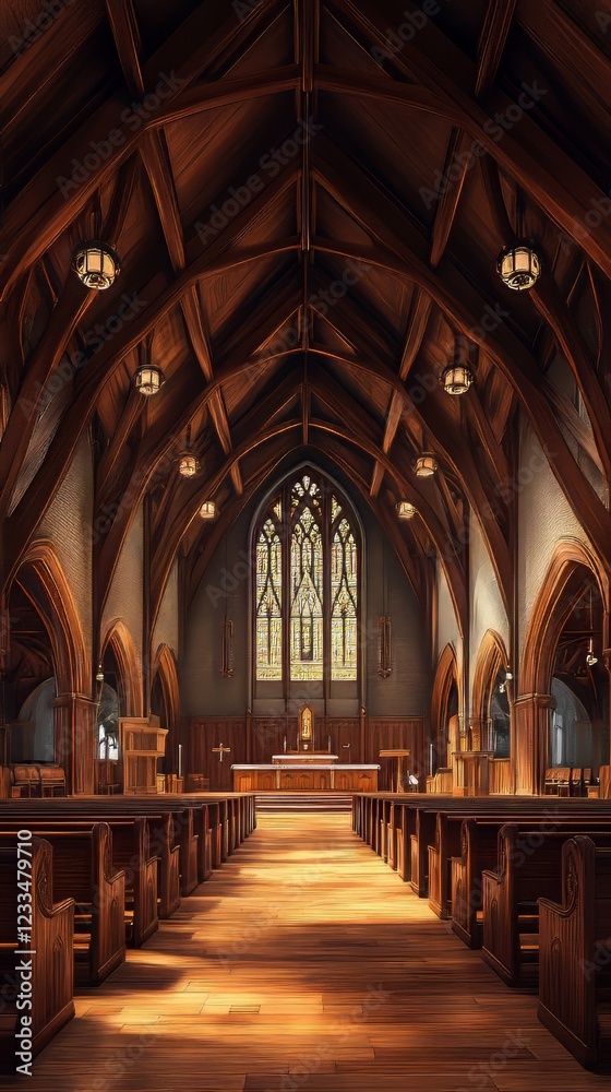 Fototapeta premium Tranquil church interior, sunlit aisle.