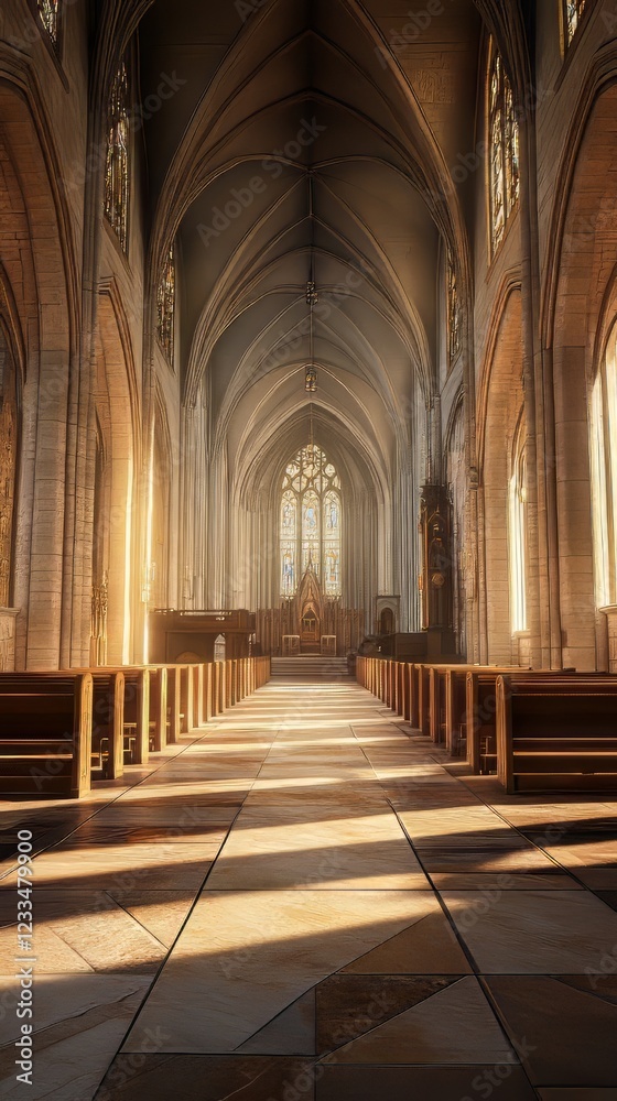 Fototapeta premium Sunlit cathedral nave, peaceful and serene.