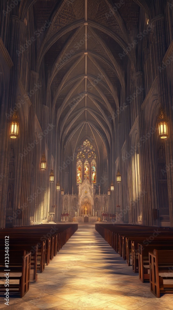 Fototapeta premium Grand church interior, sunlight streams in
