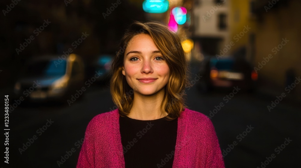 Fototapeta premium Young Woman Smiling City Street Portrait Night