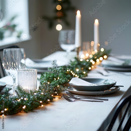Elegant Dinner Table Setting with Greenery and Candles for a Festive Holiday Celebration