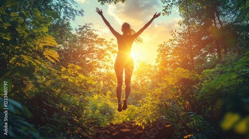 Wallpaper Mural Woman leaping in forest at sunset, celebrating freedom and nature Torontodigital.ca