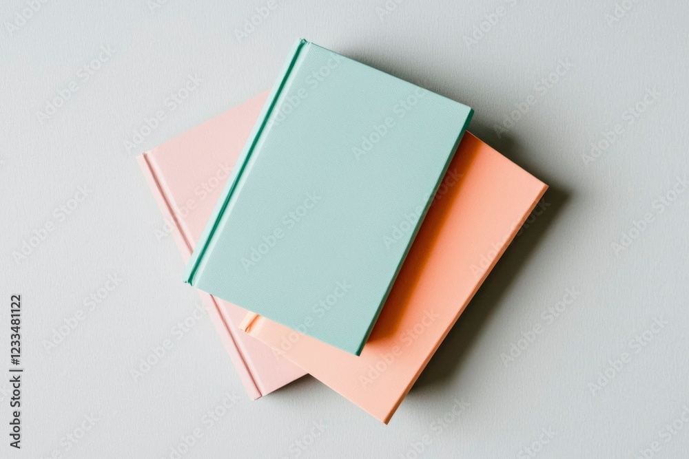 Three Pastel Notebooks Stacked Together On A Light Gray Surface Three Pastel Notebooks Stacked Together On A Light Gray Surface
