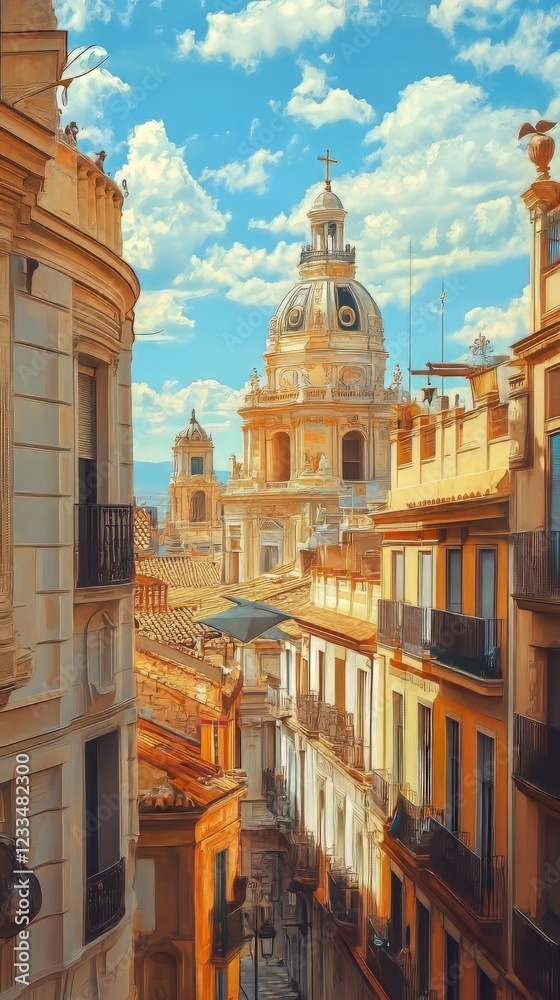 Fototapeta premium Cityscape view of church and buildings