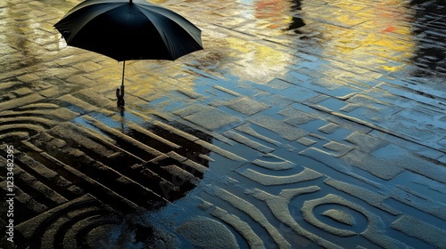 Rainy Day Reflection: Black Umbrella in City Street