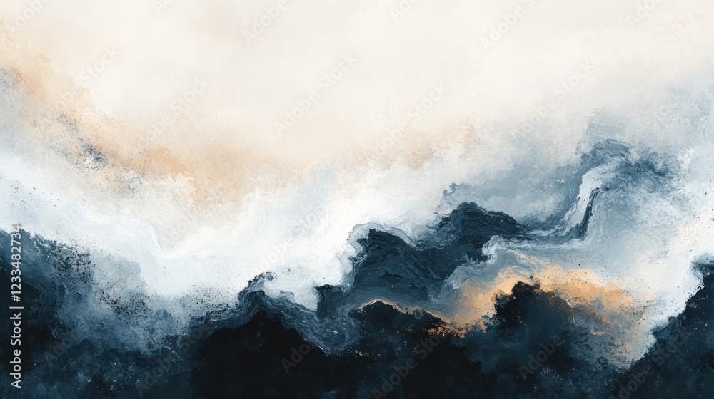 Fototapeta premium Abstract blue, white, gold landscape; digital art; serene background; website banner