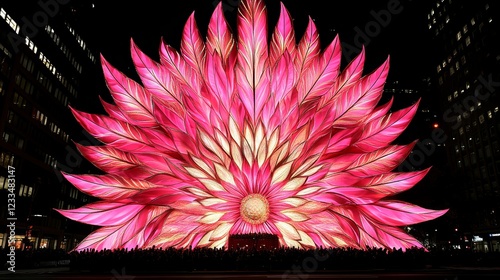 Illuminated Floral Light Installation Night Cityscape